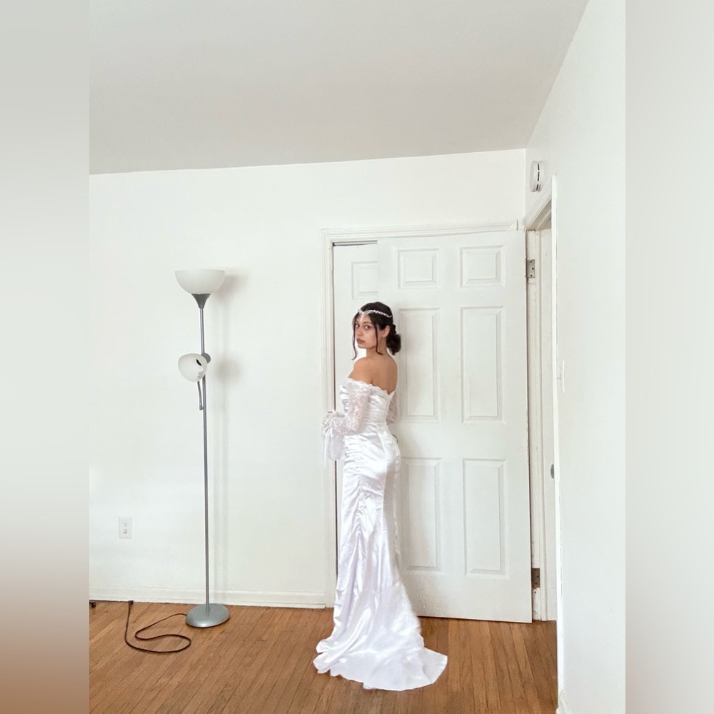 LG Strapless White Satin Bridal Gown with Lace Sleeves